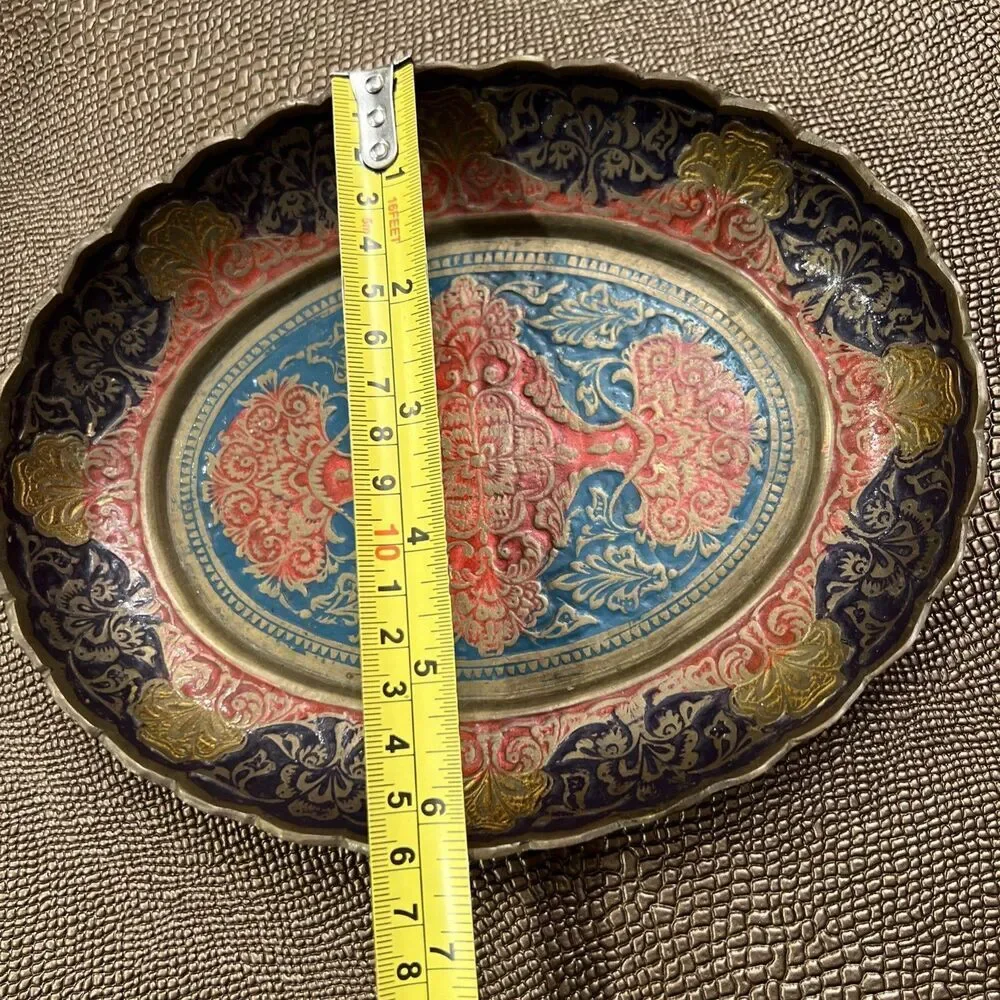 VTG Orient Bronze Plate Inlaid Design Decorative Hand Carved Fruit Bowl India